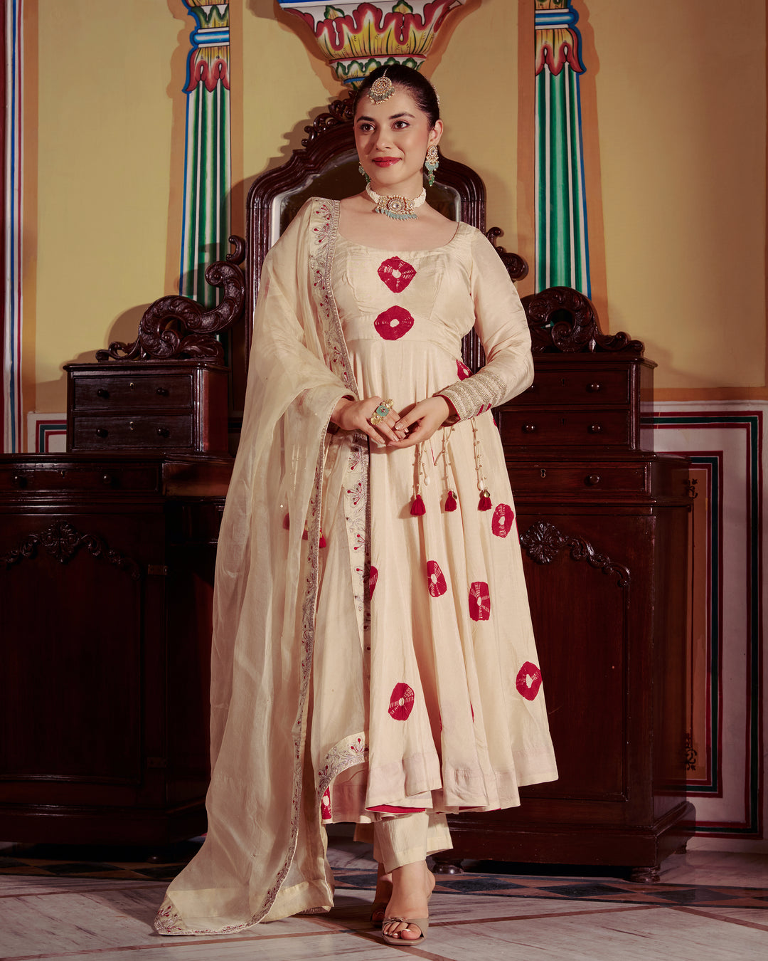 Sharada Beige Bandhani Muslin Suit Set