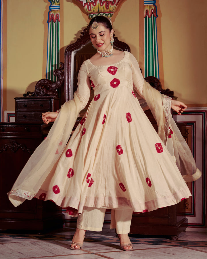 Sharada Beige Bandhani Muslin Suit Set