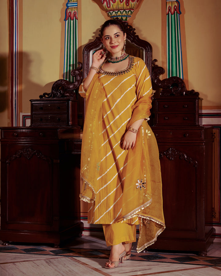Rishi Yellow Leheriya Cotton Suit Set