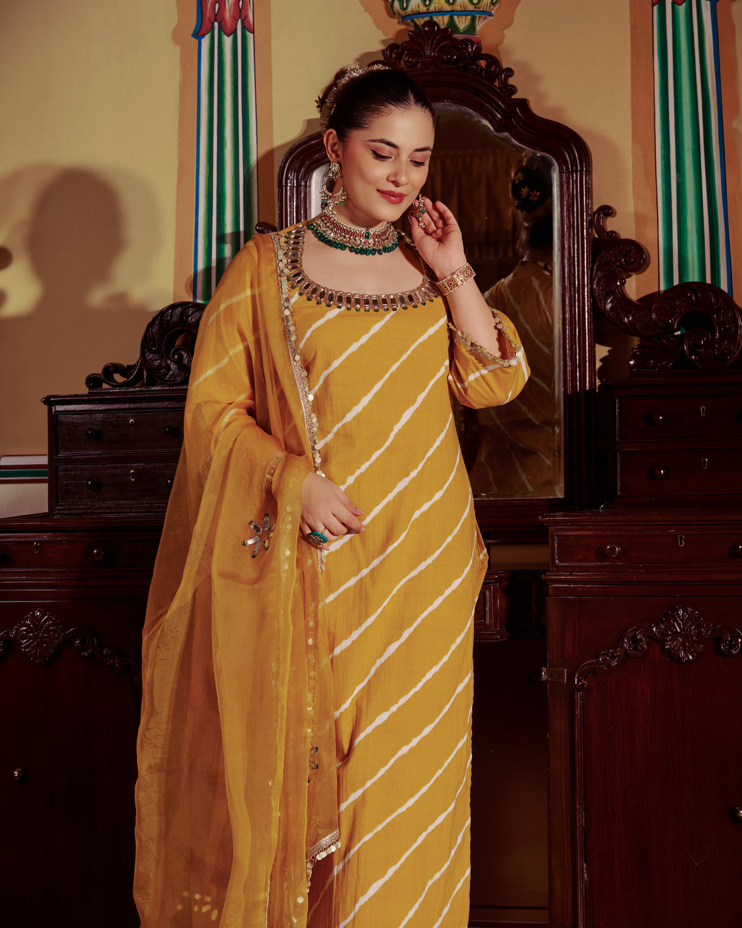 Rishi Yellow Leheriya Cotton Suit Set
