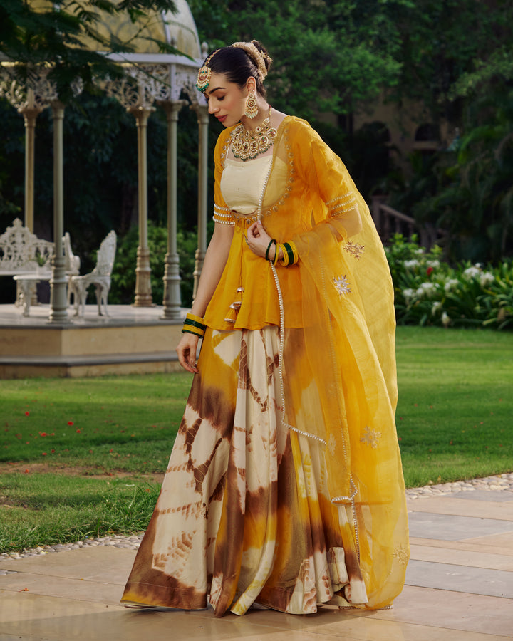 Tripura Yellow Embroidered Tie- Dye Chanderi Suit Set