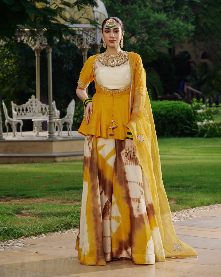 Tripura Yellow Embroidered Tie- Dye Chanderi Suit Set