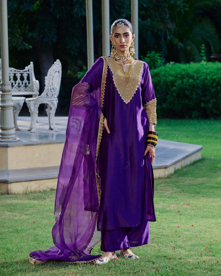 Ambika Purple Embroidered Chanderi Suit Set