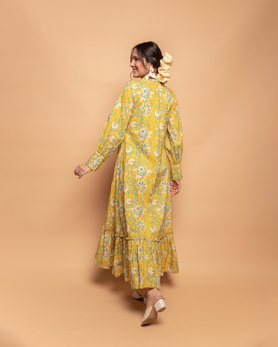 Sunset Glow Yellow Cotton Printed Shirt Dress