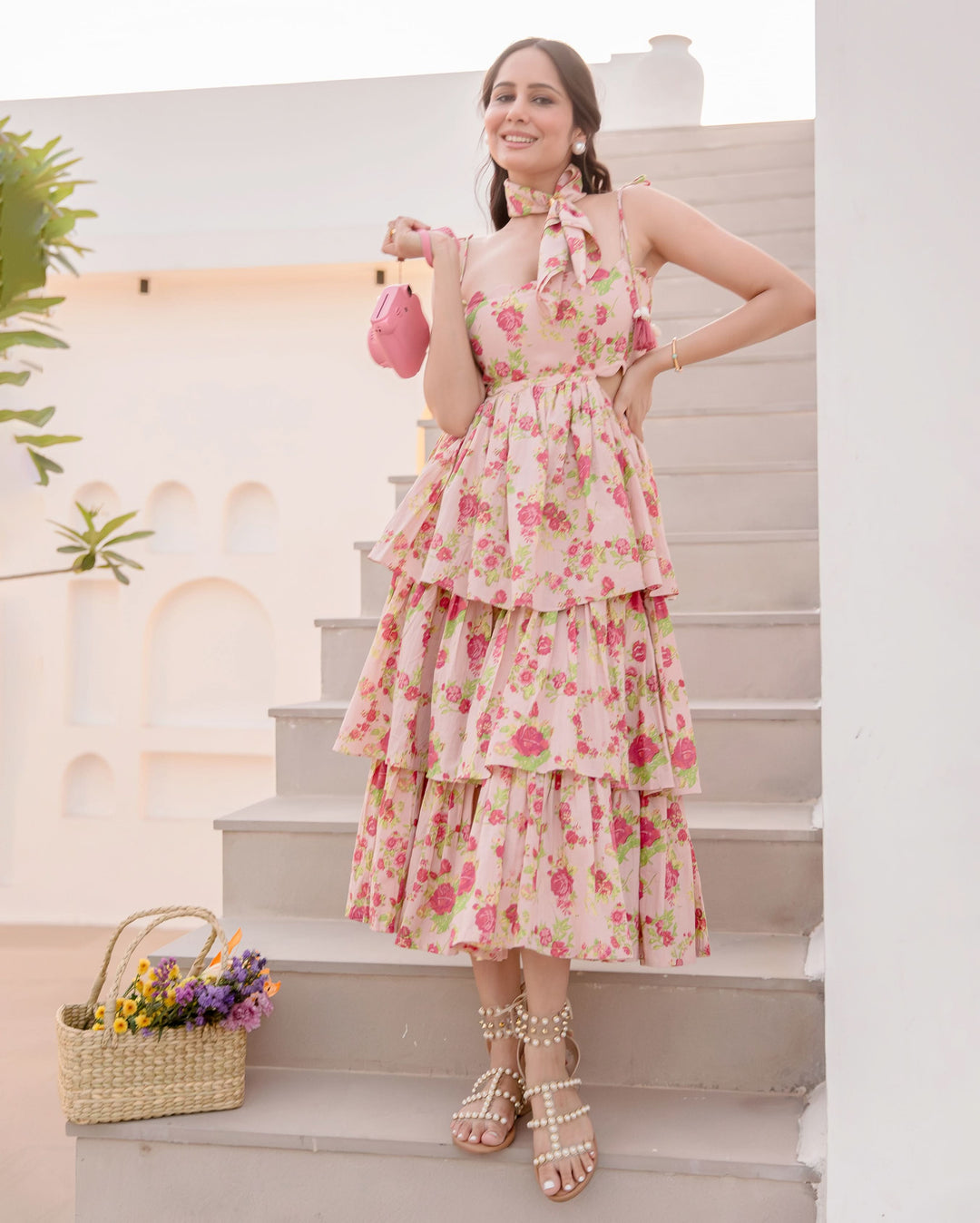Diona Peach Printed Cotton Dress