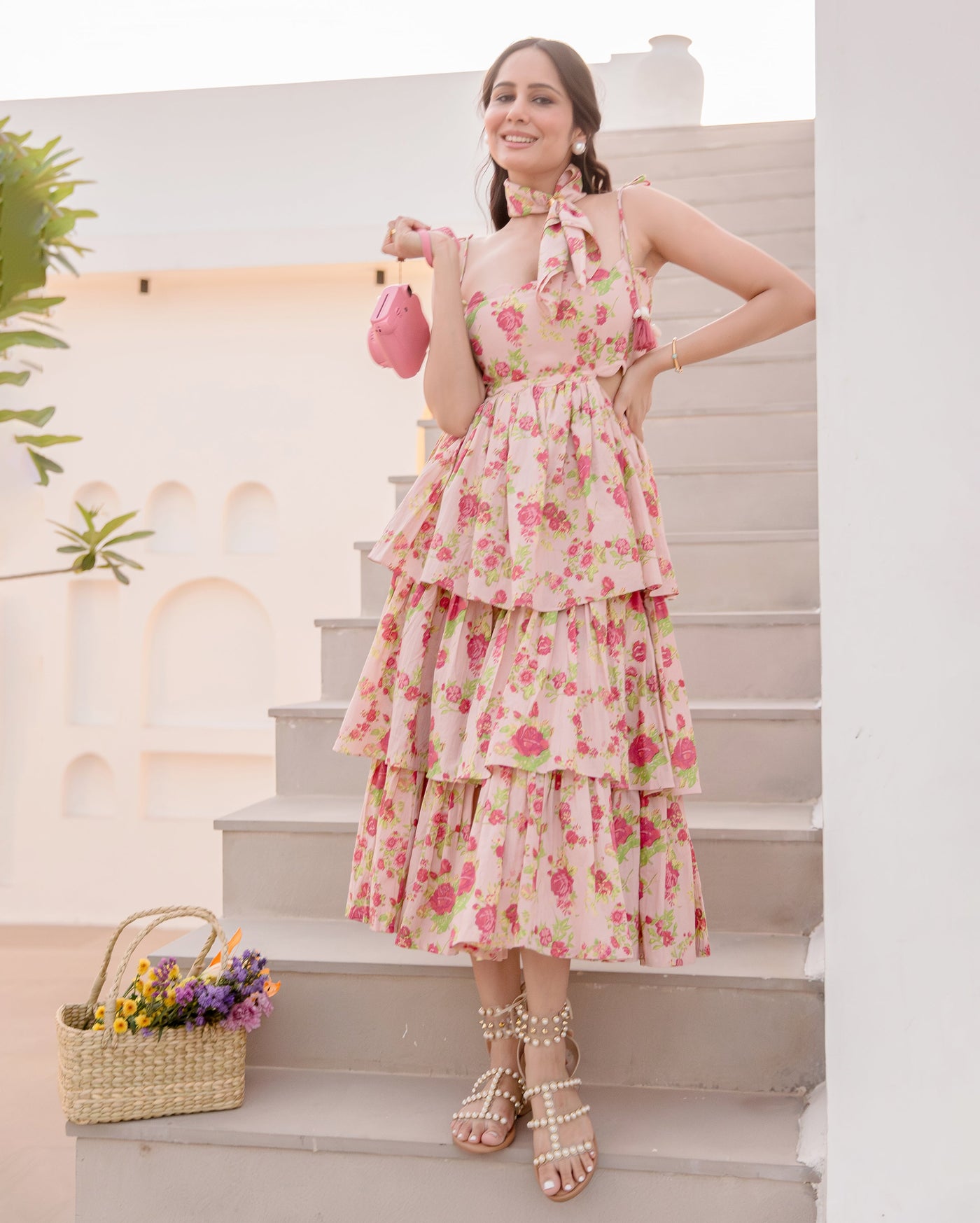 Diona Peach Printed Cotton Dress