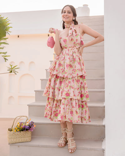 Diona Peach Printed Cotton Dress