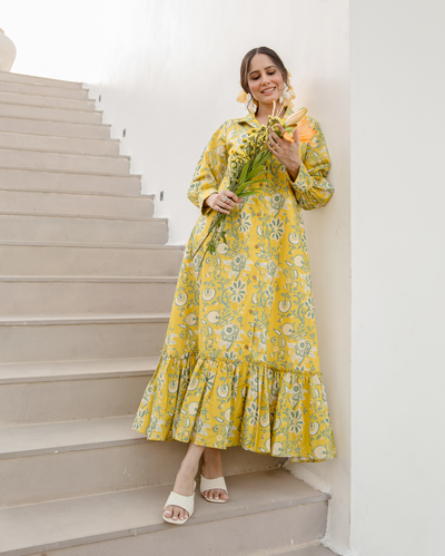 Sunset Glow Yellow Cotton Printed Shirt Dress