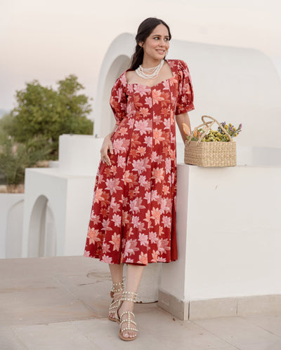 Dusty Fern Rust Orange Cotton Printed Dress