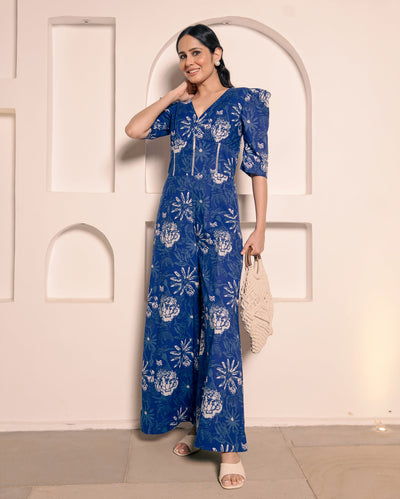 Darling Blue Cotton Printed Jumpsuit