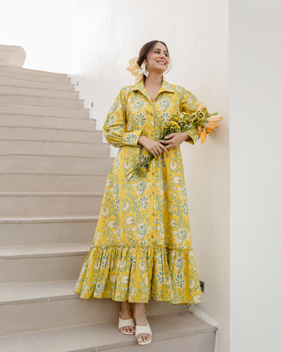 Sunset Glow Yellow Cotton Printed Shirt Dress