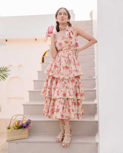 Diona Peach Printed Cotton Dress