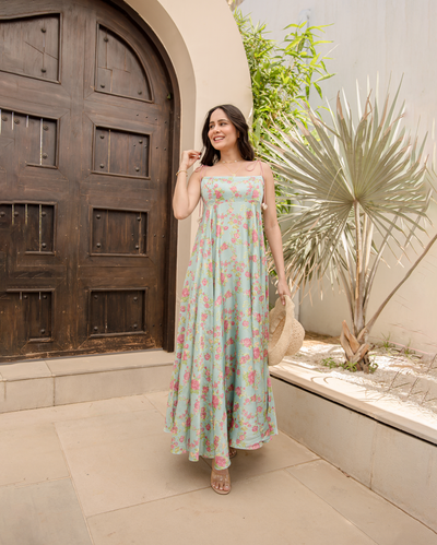 Morning Dew Blue Muslin Printed Dress