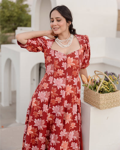 Dusty Fern Rust Orange Cotton Printed Dress