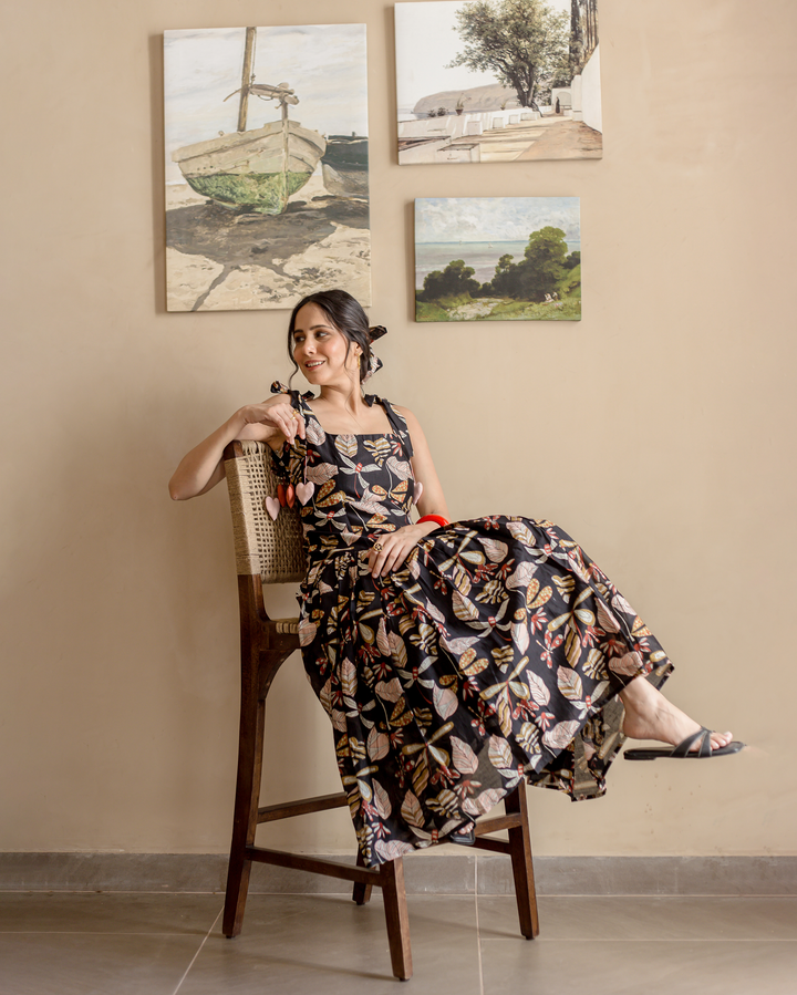 Moonlight Charm Black Cotton Printed Dress