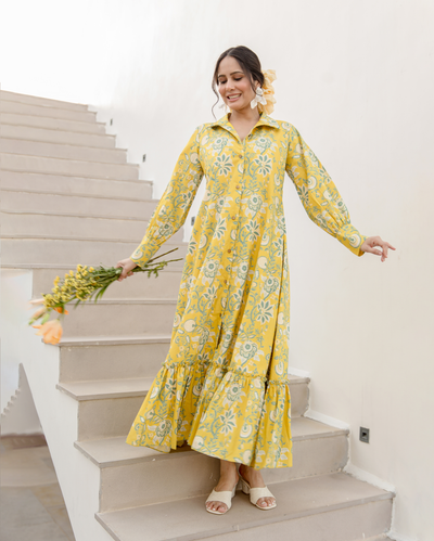Sunset Glow Yellow Cotton Printed Shirt Dress