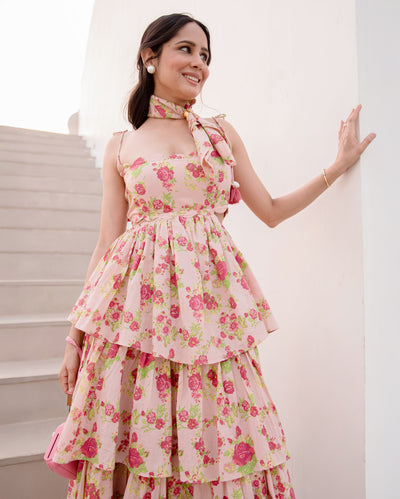 Diona Peach Printed Cotton Dress