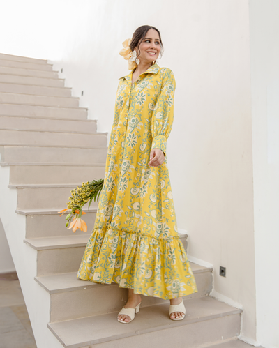 Sunset Glow Yellow Cotton Printed Shirt Dress