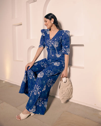 Darling Blue Cotton Printed Jumpsuit