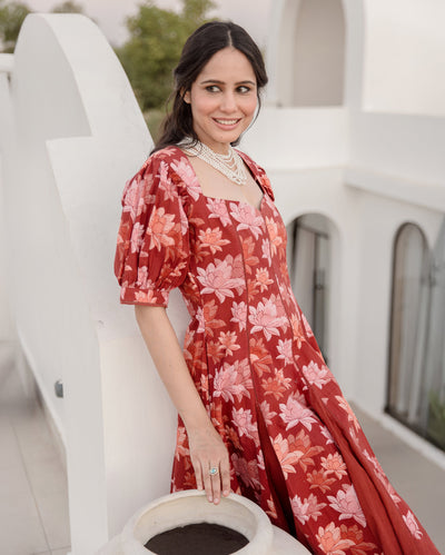 Dusty Fern Rust Orange Cotton Printed Dress