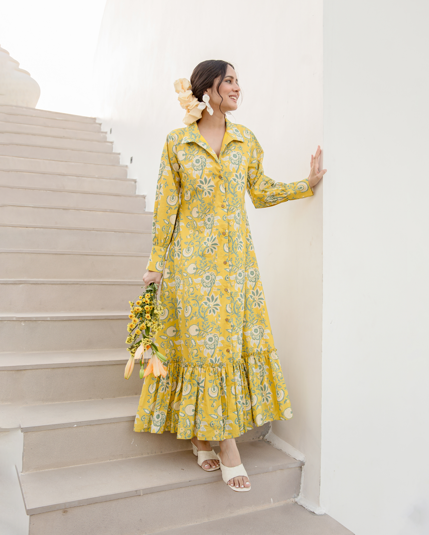 Sunset Glow Yellow Cotton Printed Shirt Dress