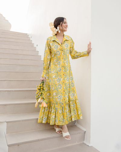 Sunset Glow Yellow Cotton Printed Shirt Dress