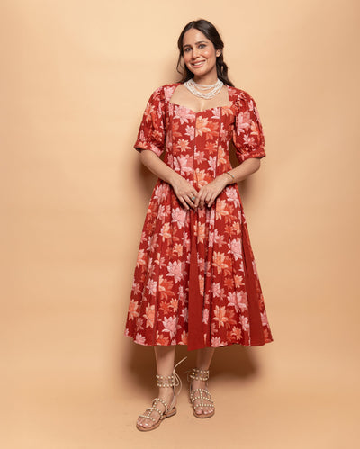 Dusty Fern Rust Orange Cotton Printed Dress