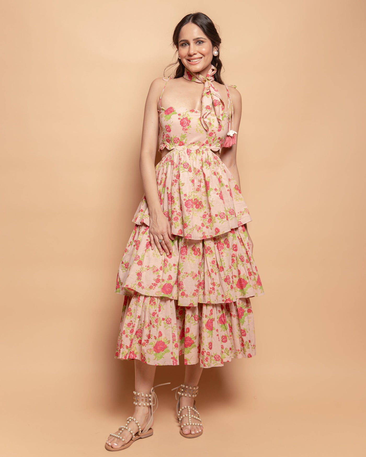 Diona Peach Printed Cotton Dress