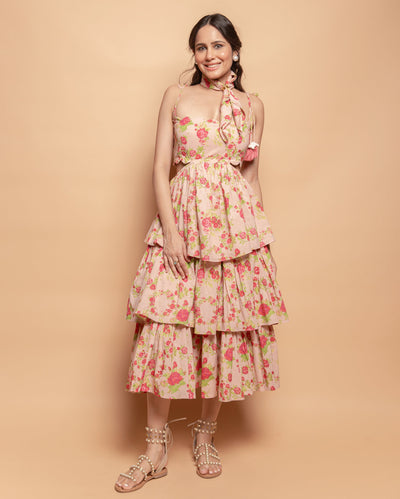 Diona Peach Printed Cotton Dress
