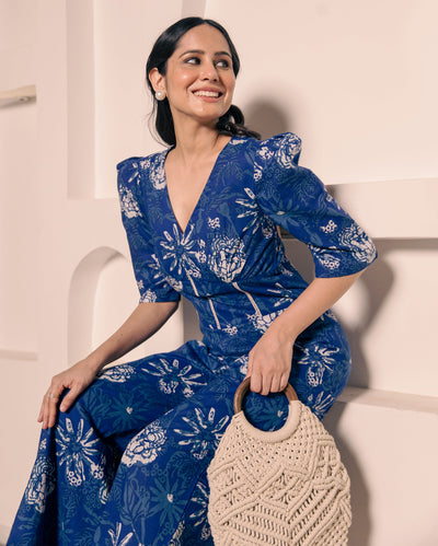 Darling Blue Cotton Printed Jumpsuit