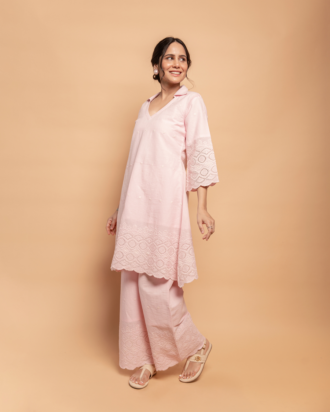 Pale Whisper Pink Cotton Schiffli Coord Set