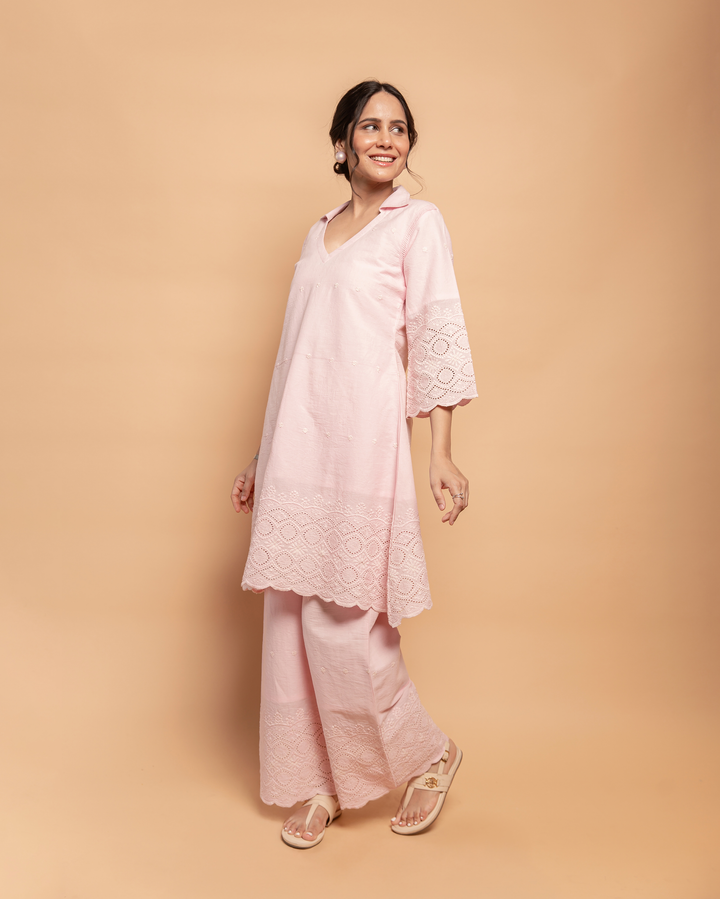 Pale Whisper Pink Cotton Schiffli Coord Set