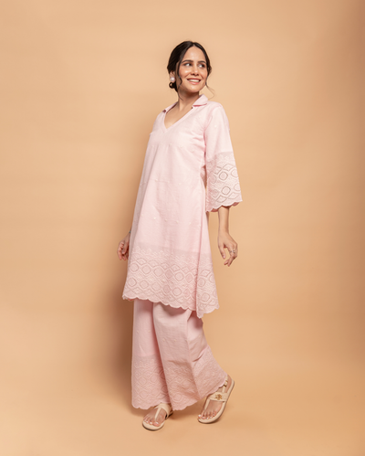 Pale Whisper Pink Cotton Schiffli Coord Set