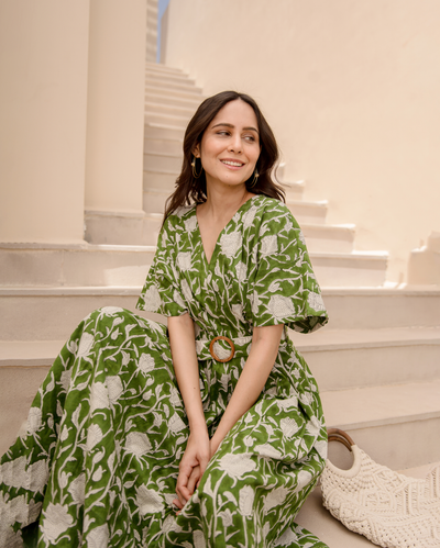Celery Green Printed Cotton Dress