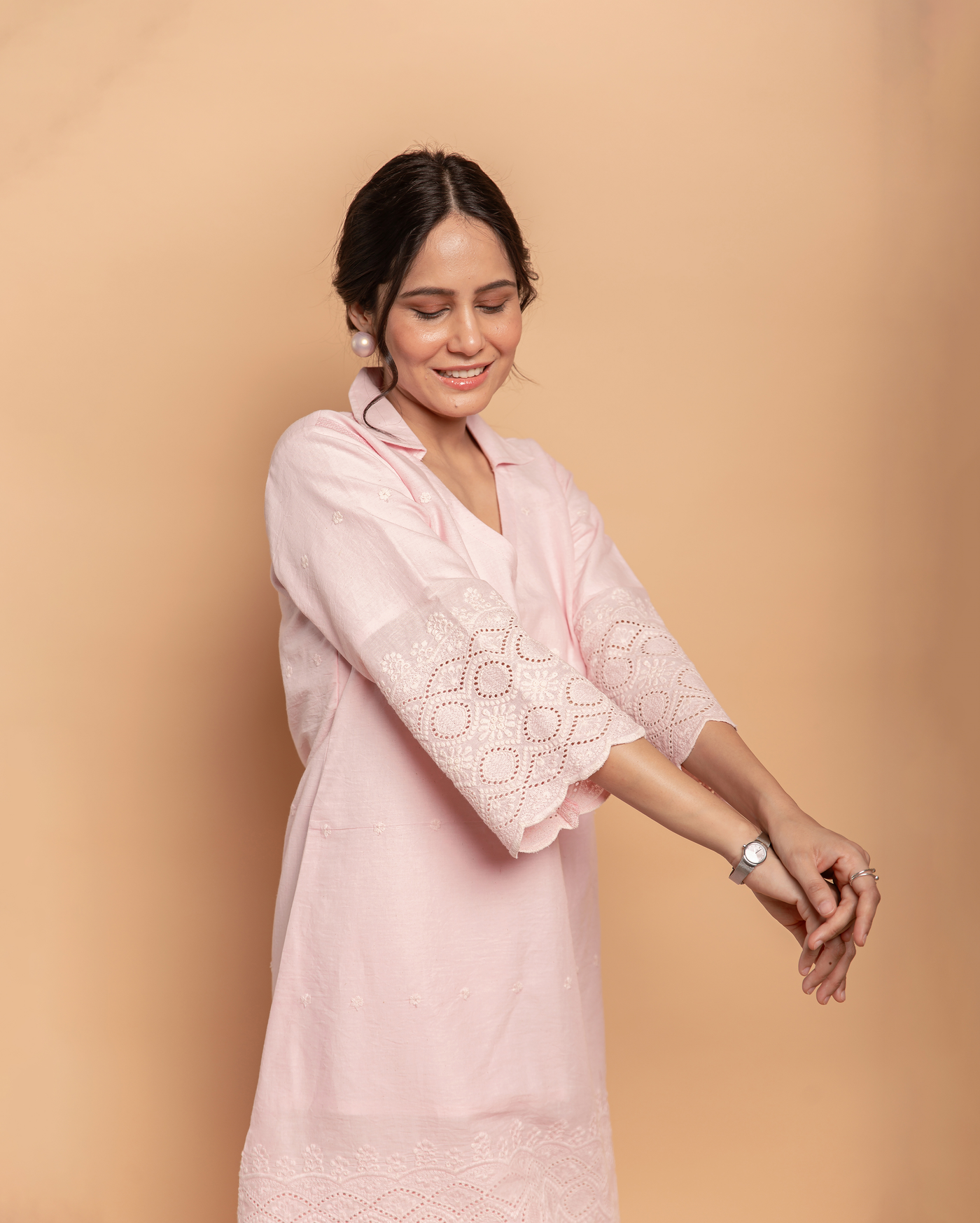 Pale Whisper Pink Cotton Schiffli Coord Set