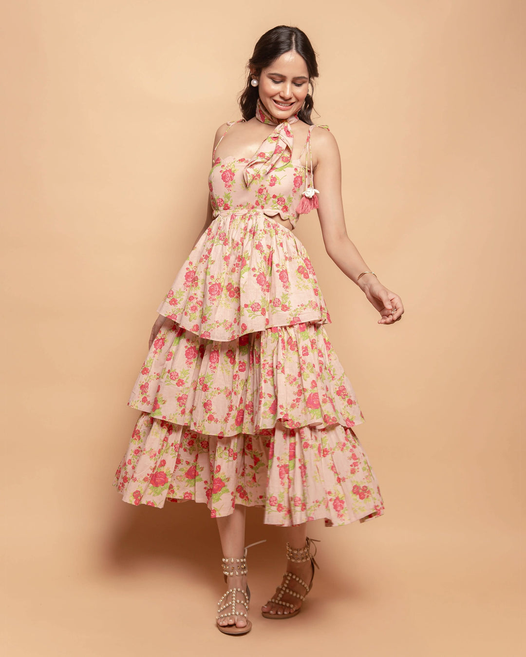 Diona Peach Printed Cotton Dress