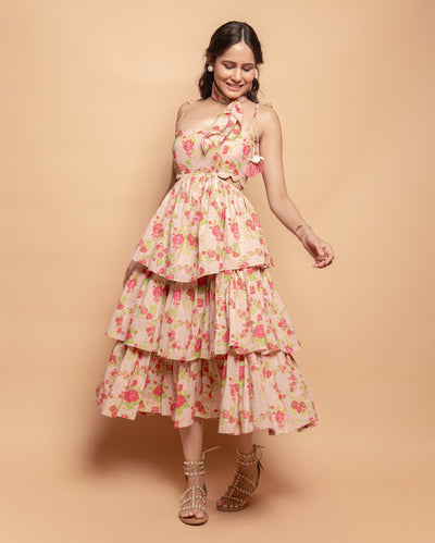 Diona Peach Printed Cotton Dress