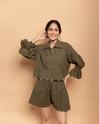 Olive Muse Green Cotton Schiffli Coord Set