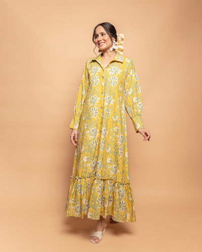 Sunset Glow Yellow Cotton Printed Shirt Dress