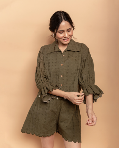 Olive Muse Green Cotton Schiffli Coord Set