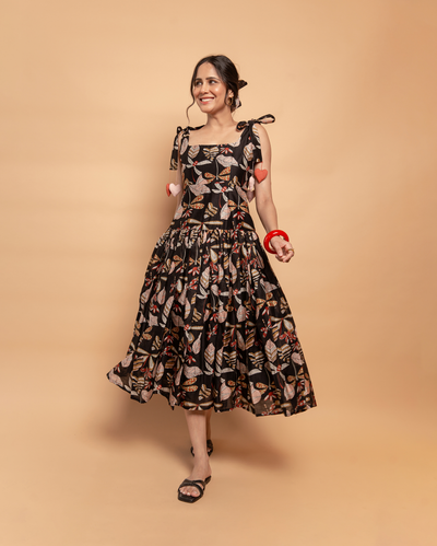 Moonlight Charm Black Cotton Printed Dress