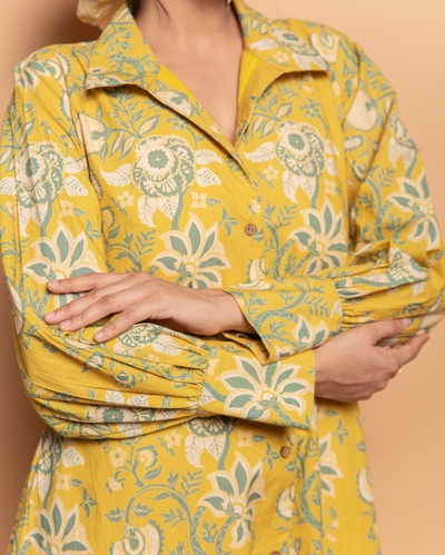 Sunset Glow Yellow Cotton Printed Shirt Dress
