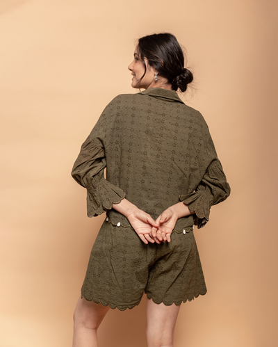 Olive Muse Green Cotton Schiffli Coord Set