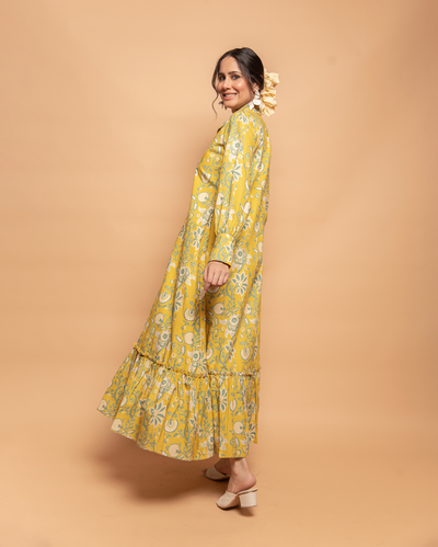 Sunset Glow Yellow Cotton Printed Shirt Dress