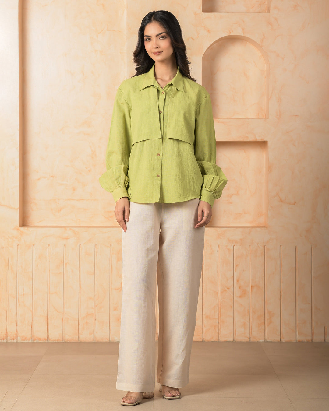 Tira Green Solid Cotton Flex Shirt