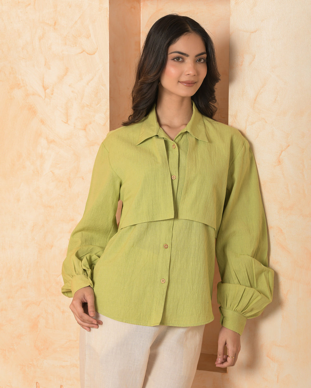 Tira Green Solid Cotton Flex Shirt