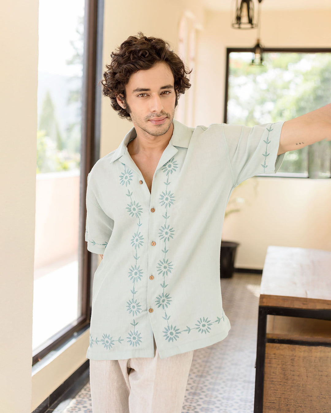 Drip Pastel Blue Embroidered Linen Shirt