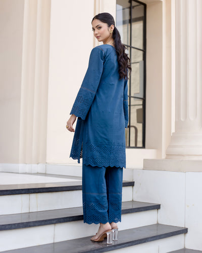 Shrub Teal Blue Solid Cotton Schiffli Coord Set