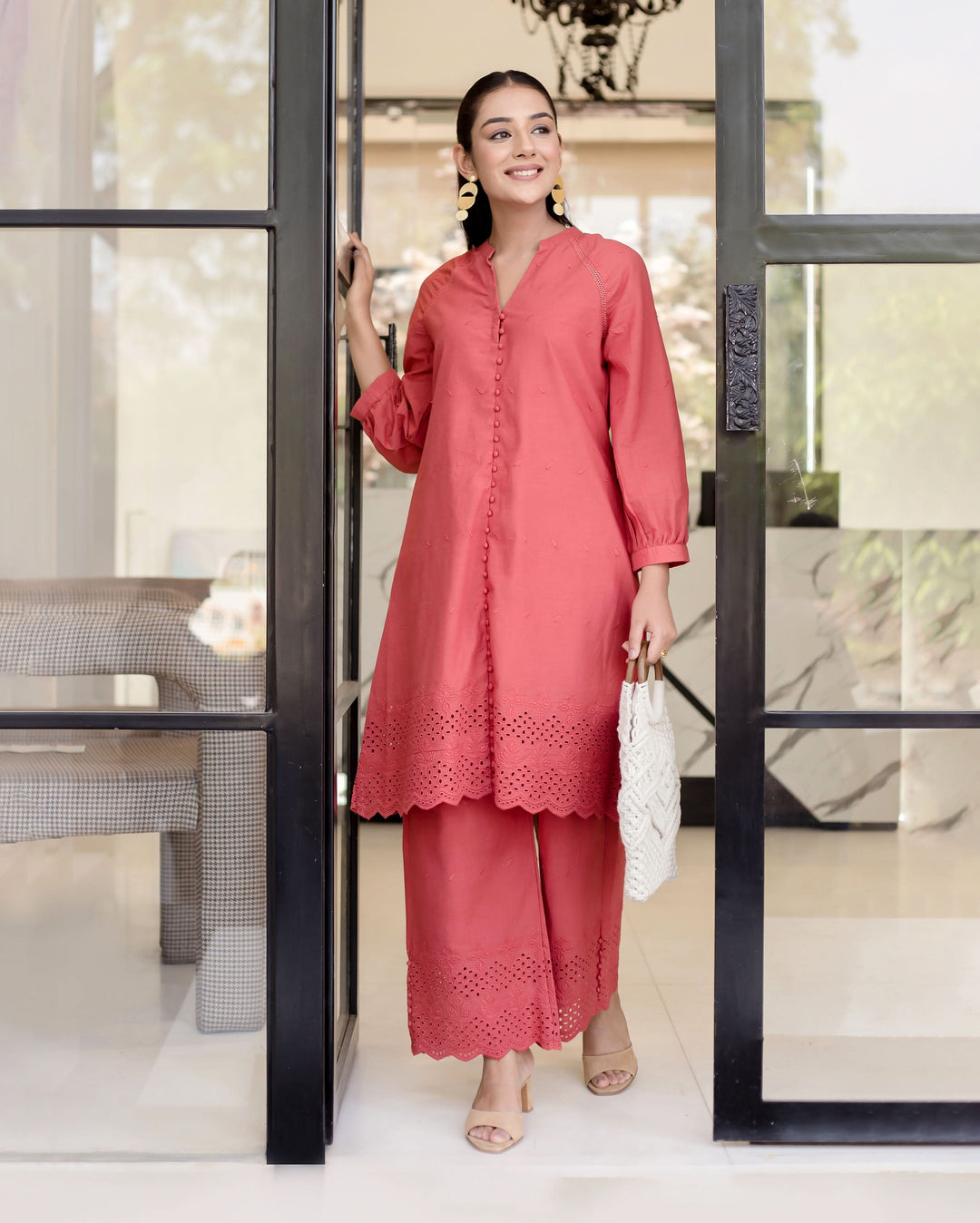 Poppies Red Solid Cotton Schiffli Coord Set