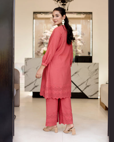 Poppies Red Solid Cotton Schiffli Coord Set